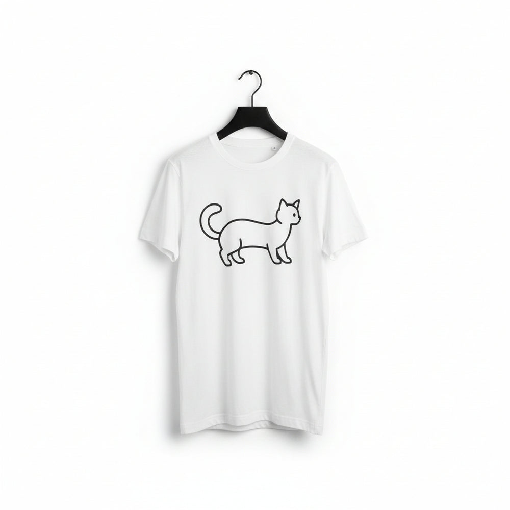 A white short-sleeve crewneck t-shirt hanging on a black hanger, featuring a simple black line art drawing of a cat on the front.