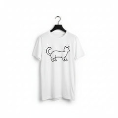 A white short-sleeve crewneck t-shirt hanging on a black hanger, featuring a simple black line art drawing of a cat on the front.