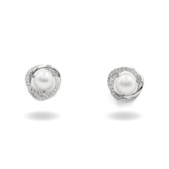 Curved earrings with pearl and cubic zirconia