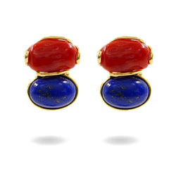 Earrings, coral, lapis