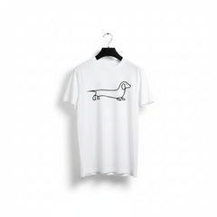 A white short-sleeve crewneck t-shirt hanging on a black hanger against a light-colored wall. The shirt features a minimalist black line art drawing of a dachshund across the chest.